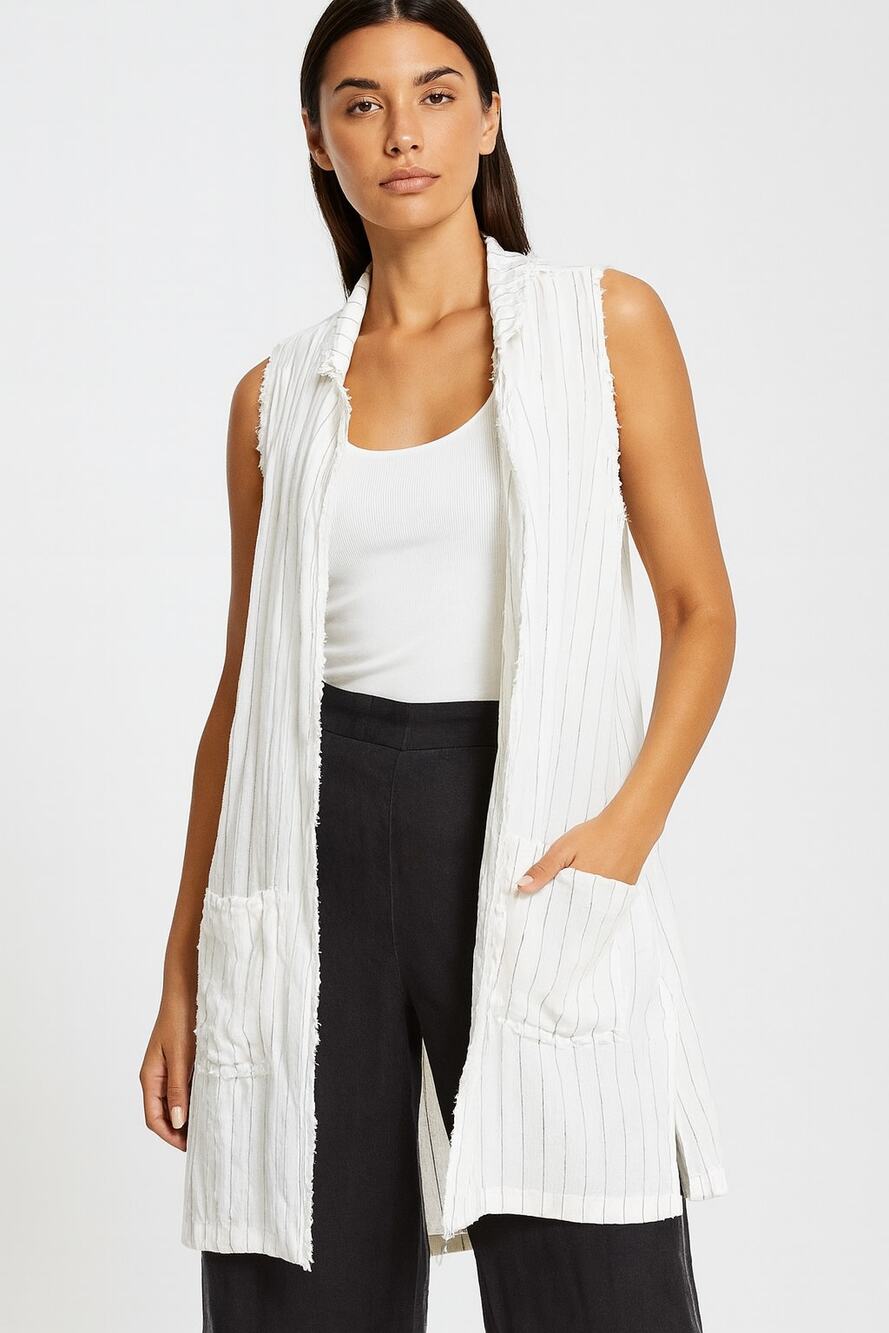 Joh Apparel Linen Cardigan Duster Kimono Size Large White Navy Stripe Raw Edge